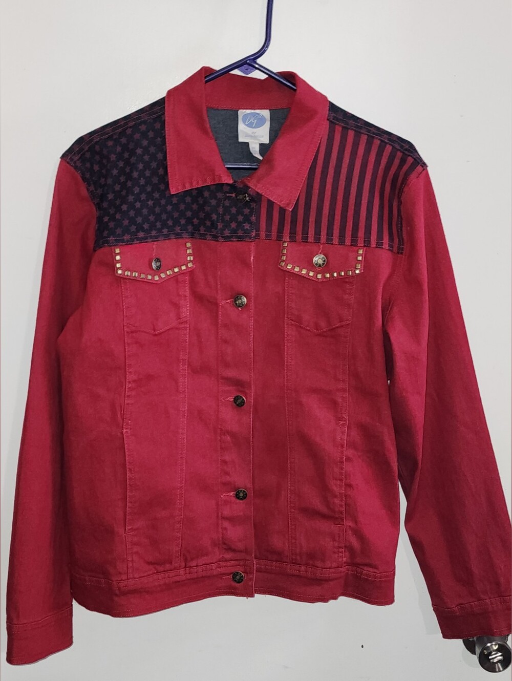 DG2 by Diane Gilman Red Denim Jacket with Black Star & Stripe Yoke USA NWOT